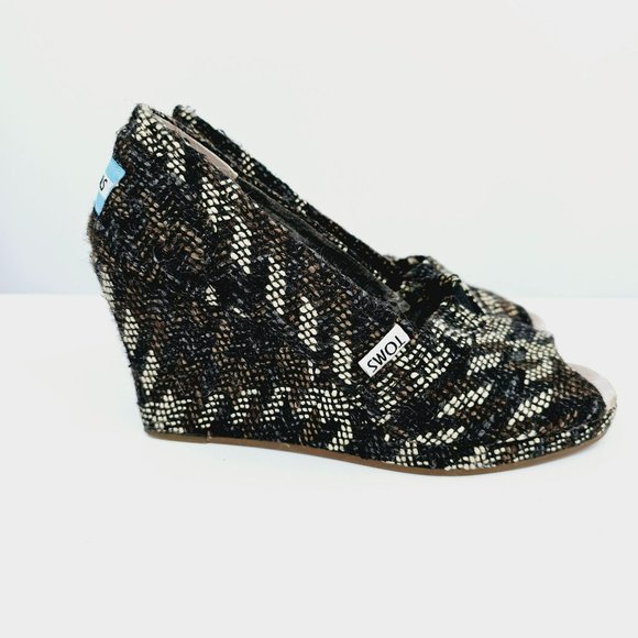 Toms Stella Tweed Peep Toe Wedges 6 Black Brown Cream Slip On Boucle Houndstooth - Picture 5 of 13